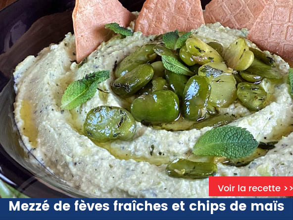 Mezzé de fèves fraîches et chips de maïs